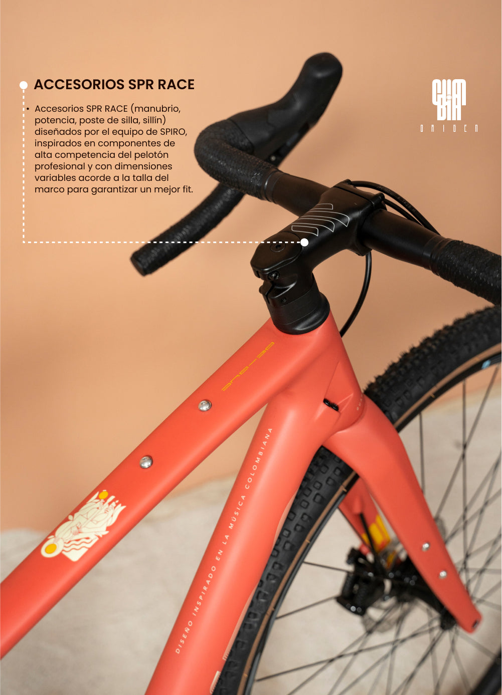 Manubrio de bicicleta de gravel SPIRO Origen con accesorios SPR Race, diseñados para mejorar el ajuste y control durante la conducción. Equipamiento pensado para ciclistas que buscan rendimiento en rutas de carretera.