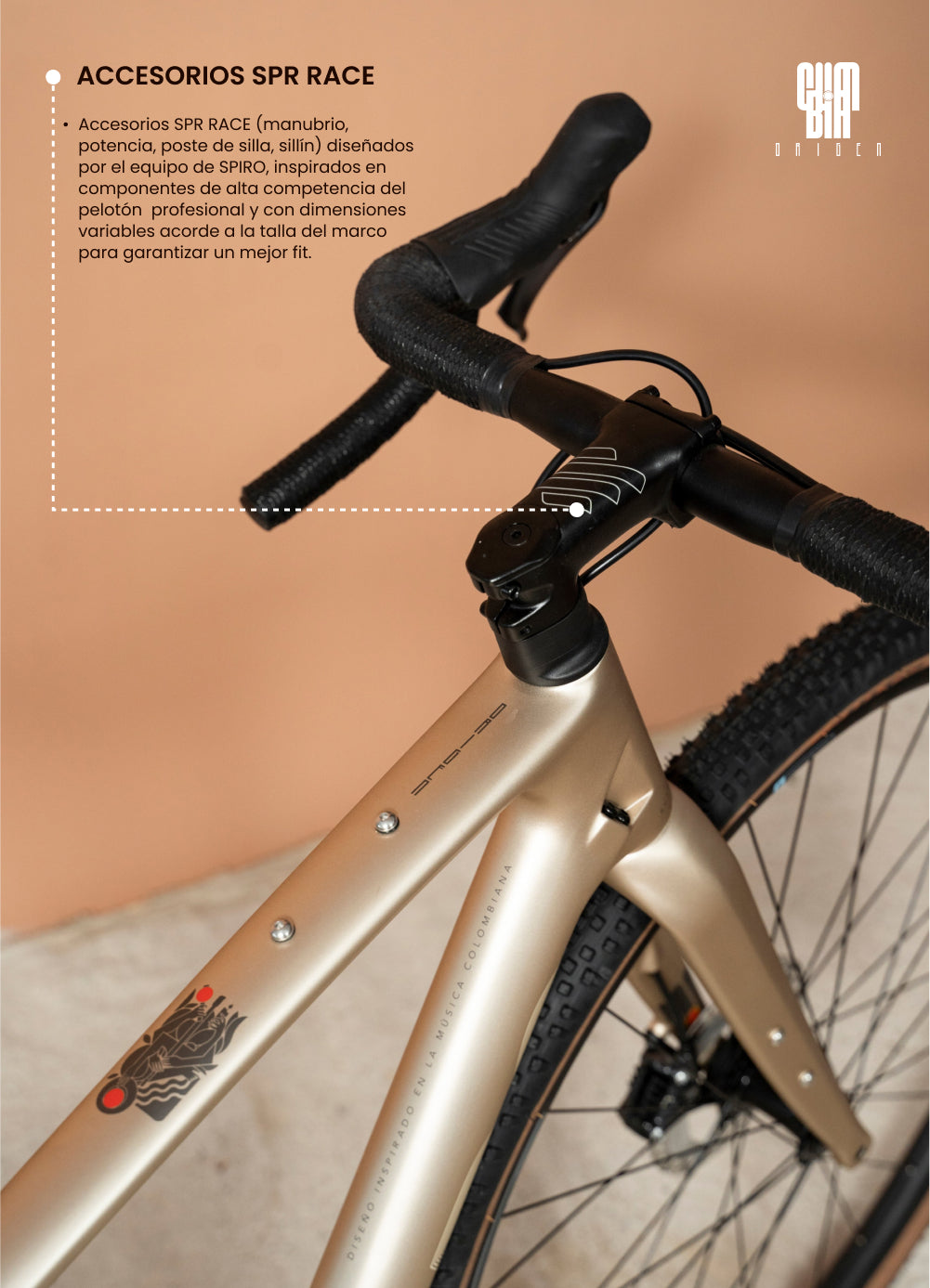 Manubrio de bicicleta de gravel SPIRO Origen con accesorios SPR Race, diseñados para mejorar el ajuste y control durante la conducción. Equipamiento pensado para ciclistas que buscan rendimiento en rutas de carretera.