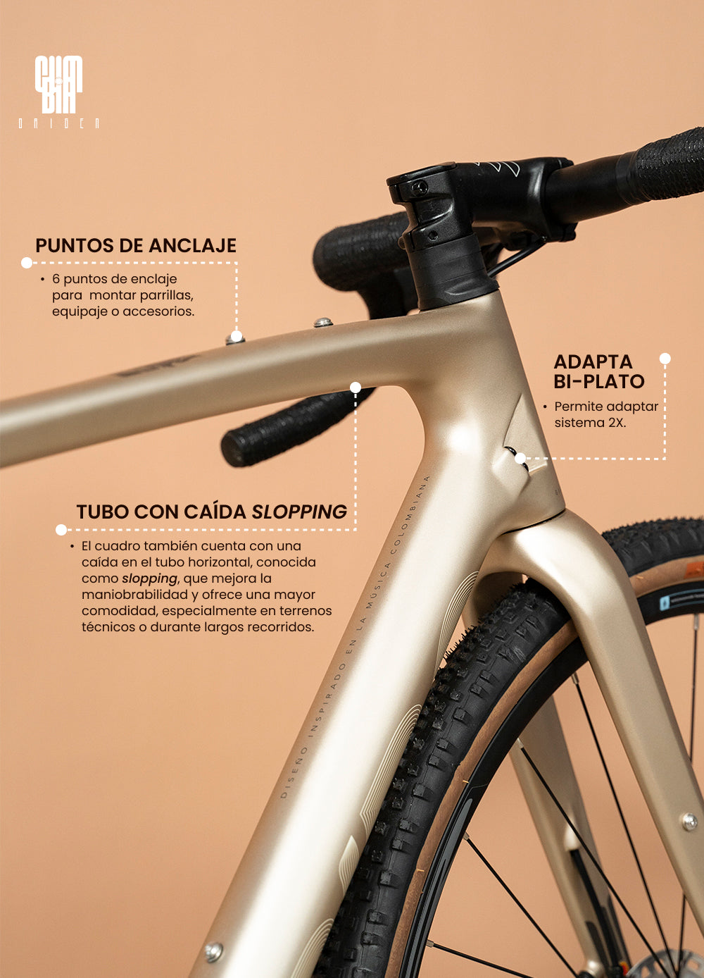 Bicicleta de gravel Spiro Origen Carbono con 6 puntos de anclaje para bikepacking y tubo slopping, ideal para rutas largas en terreno mixto.