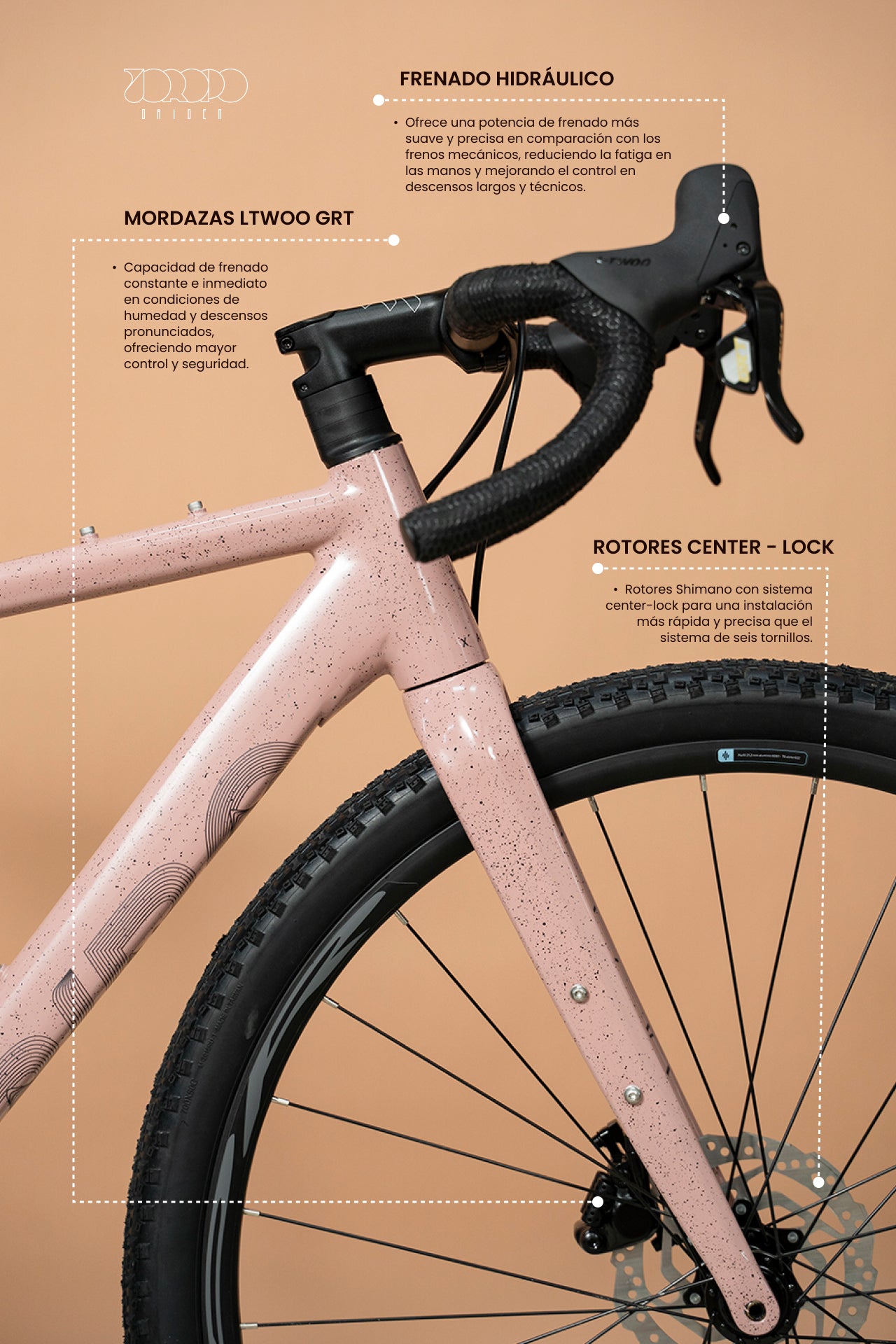 Bicicleta de gravel híbrida Spiro Origen con frenos de disco hidráulicos, grupo LTWOO GRT y llantas Maxxis para rutas de gravel pesadas.