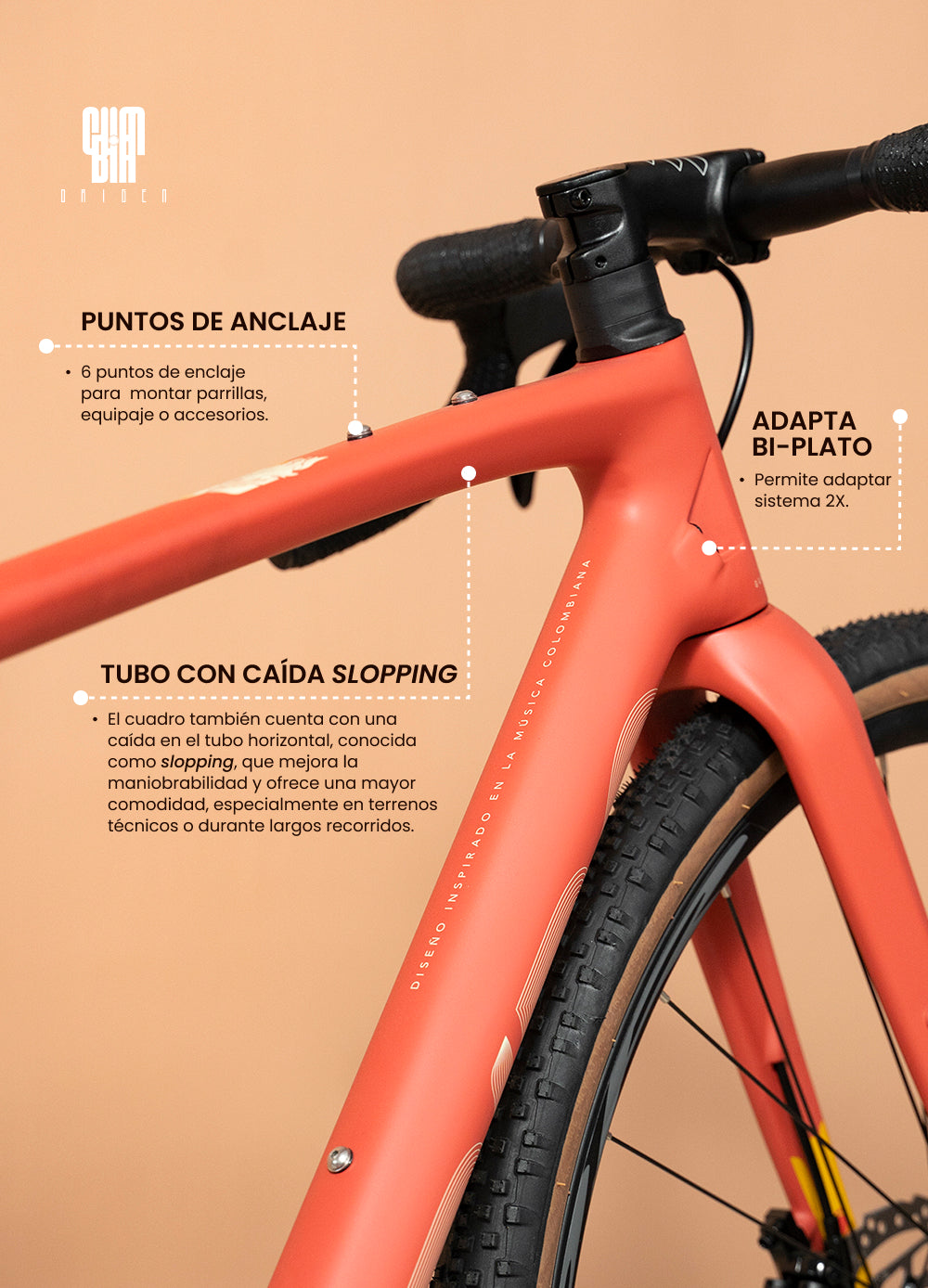 La SPIRO ORIGEN Carbono tiene múltiples puntos de anclaje y un tubo con caída slopping, ideal para bikepacking y viajes en bici, competencia directa de bicicletas como la Specialized Diverge y Scott Speedster.