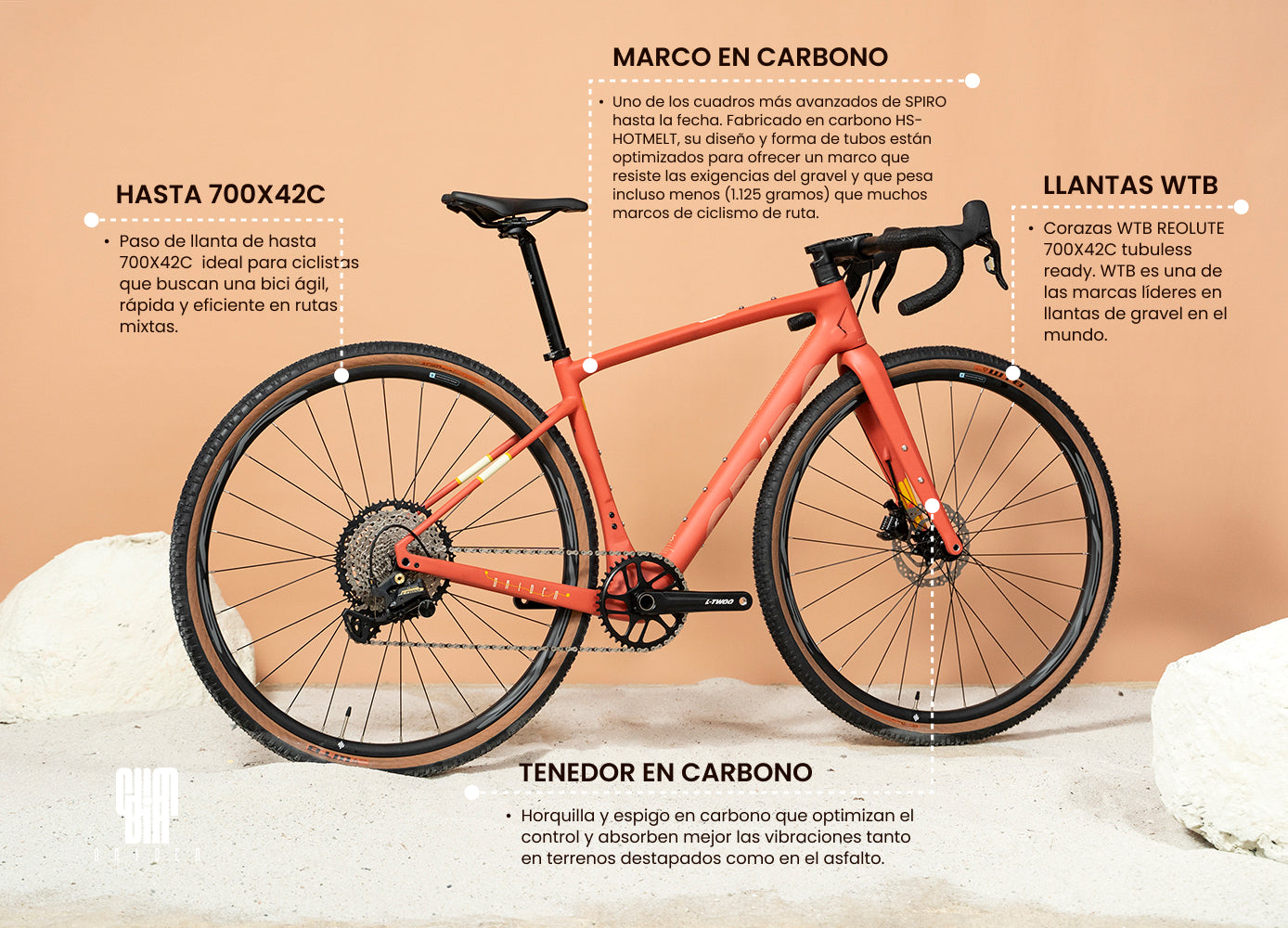 Bicicleta de gravel SPIRO ORIGEN Carbono con llantas tubeless ready WTB y marco de carbono, comparada con la Trek Checkpoint. Perfecta para rutas mixtas y ciclismo de aventura.