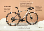 Bicicleta de gravel SPIRO ORIGEN Carbono con llantas tubeless ready WTB y marco de carbono, comparada con la Trek Checkpoint. Perfecta para rutas mixtas y ciclismo de aventura.