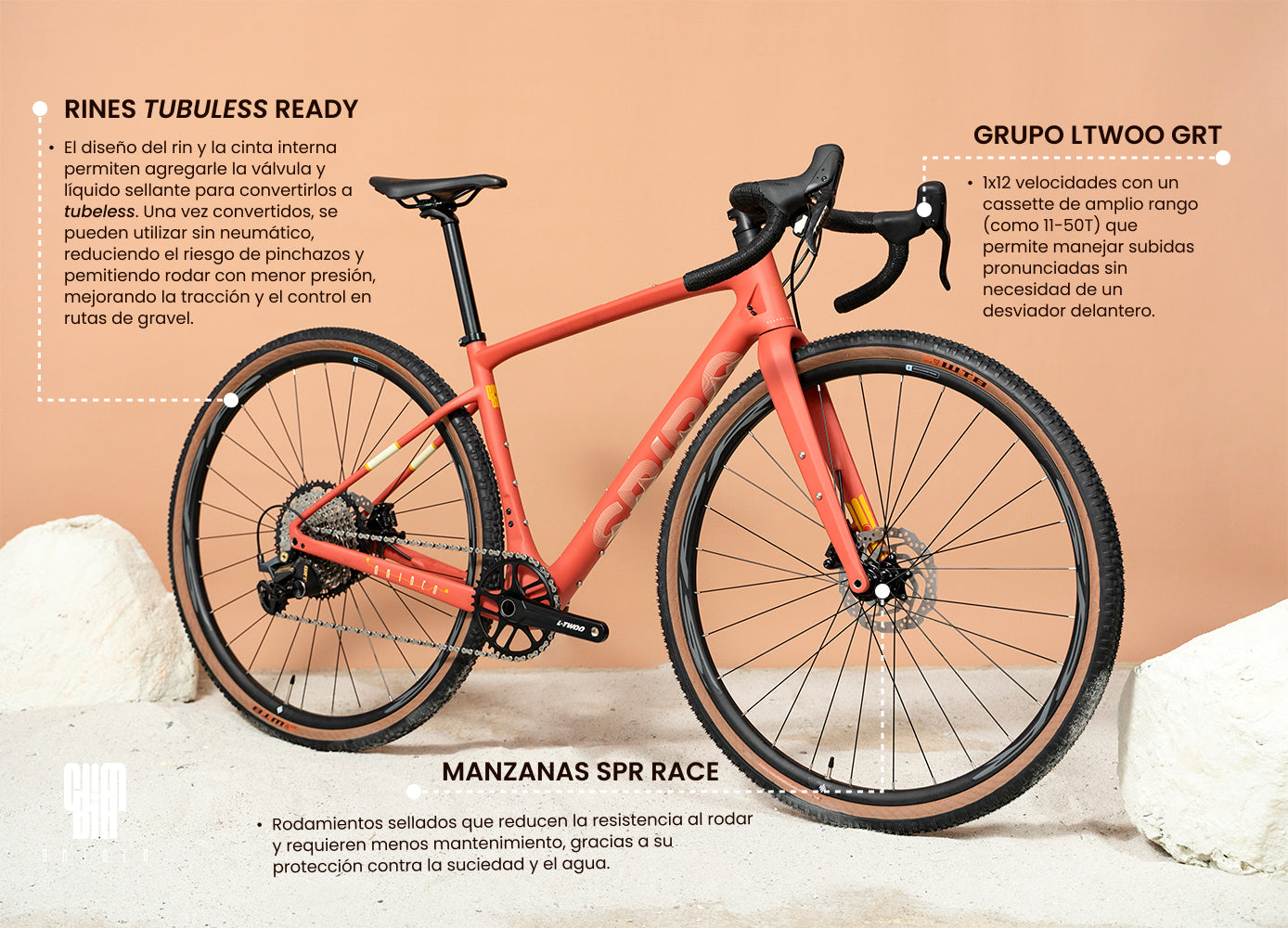 La bicicleta de gravel SPIRO ORIGEN Carbono equipada con rines tubeless ready y grupo LTWOO GRT, comparada con la Giant Revolt. Excelente opción para ciclistas que buscan rendimiento y durabilidad en rutas de gravel.