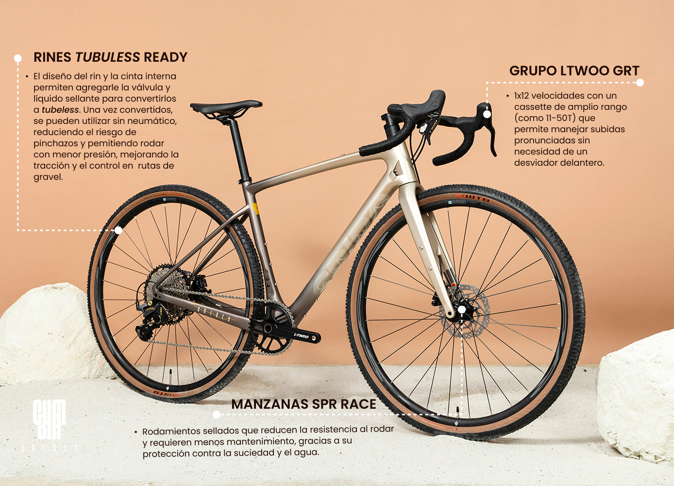 La bicicleta de gravel SPIRO ORIGEN Carbono equipada con rines tubeless ready y grupo LTWOO GRT, comparada con la Giant Revolt. Excelente opción para ciclistas que buscan rendimiento y durabilidad en rutas de gravel.