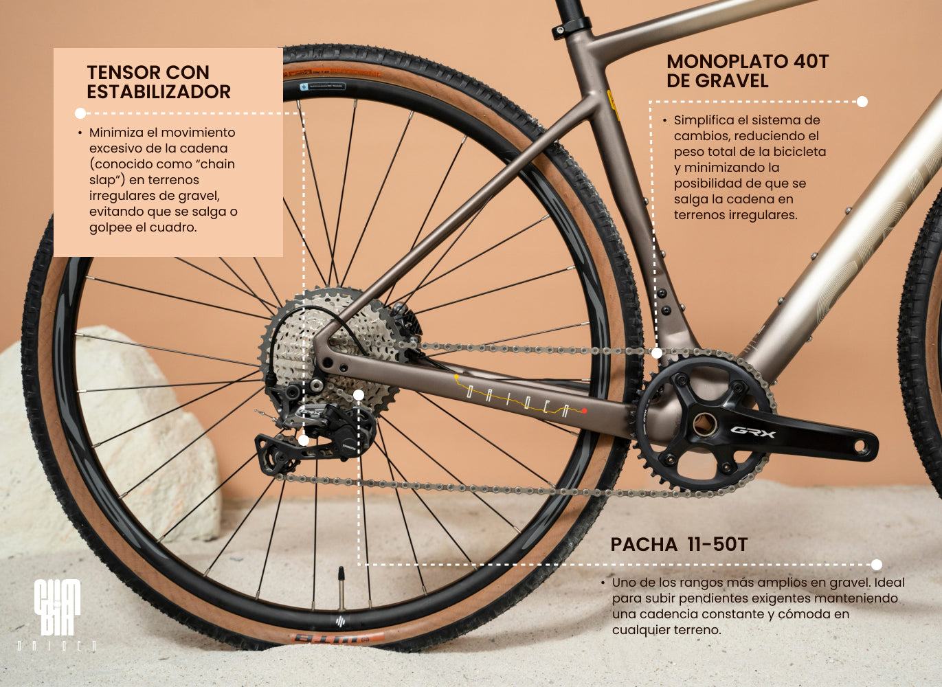 Monoplato de 40T y tensor con estabilizador en la bicicleta gravel SPIRO ORIGEN Carbono con grupo LTWOO GRT, diseñada para rutas de gravel técnicas. Competencia de la Specialized Diverge.