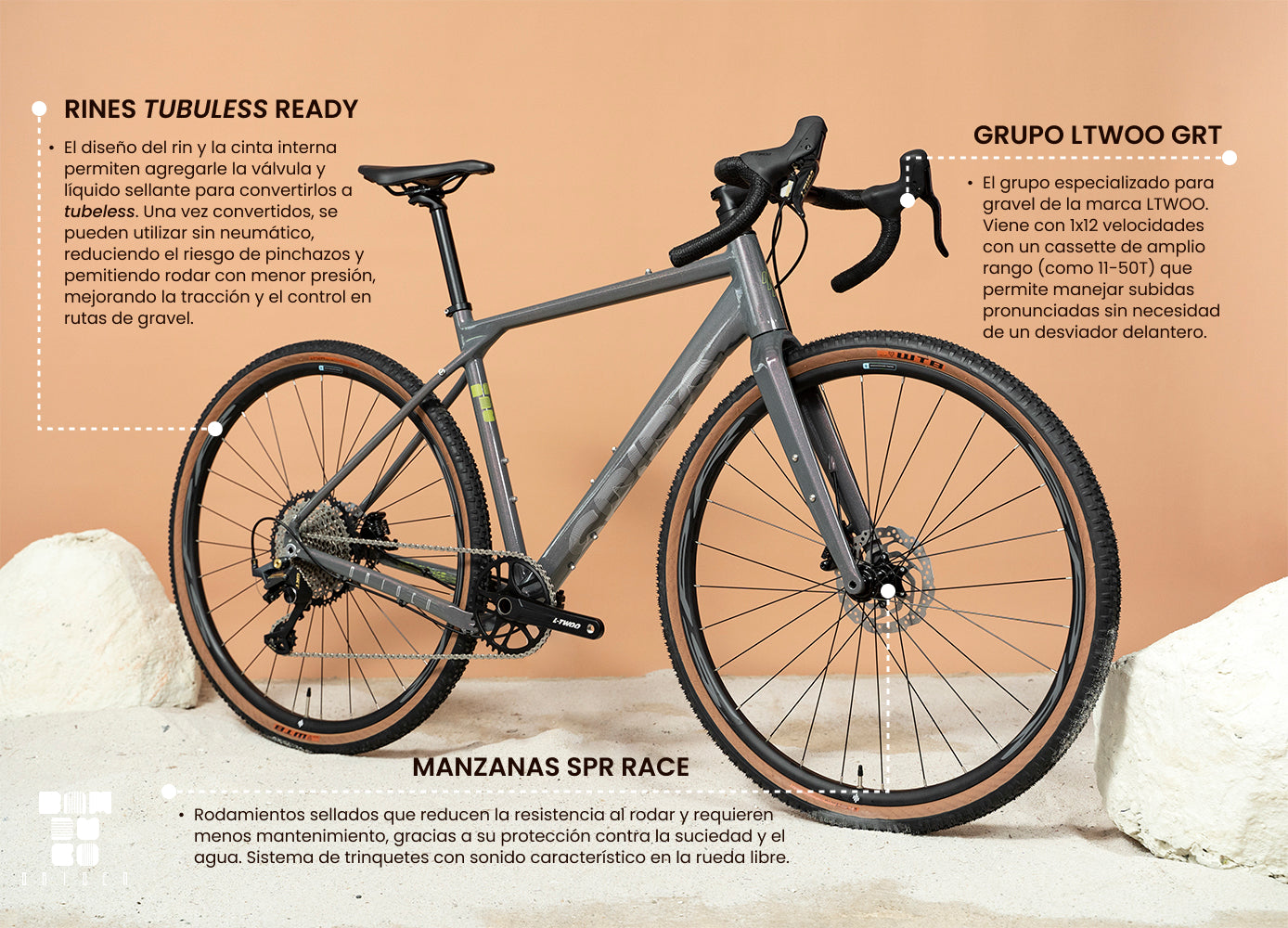 Bicicleta de gravel en aluminio ORIGEN BAMBUCO Grupo LTWOO GRT 1x12 velocidades