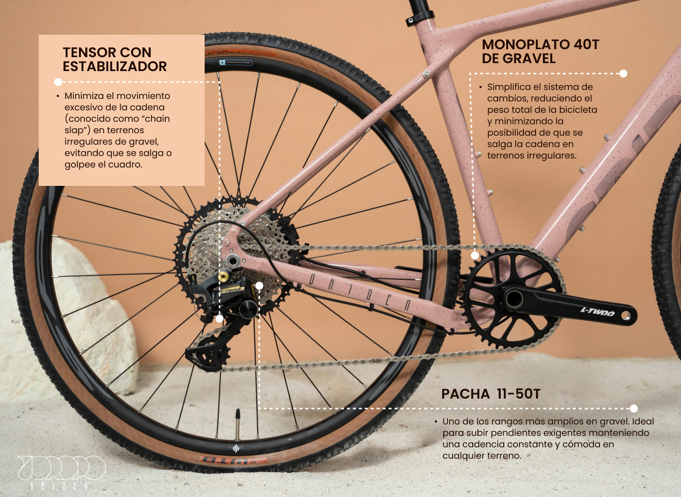 Bicicleta híbrida Spiro Origen de gravel, con cuadro de aluminio y grupo LTWOO GRT, diseñada para aventuras de larga distancia en terrenos de gravel.