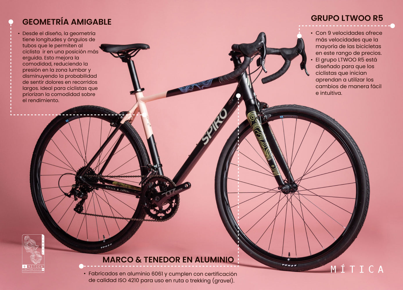 Bicicleta de ruta SPIRO Mítica equipada con grupo LTwoo R5 de 9 velocidades, diseñada para ciclistas principiantes que buscan comodidad y rendimiento en rutas de carretera.