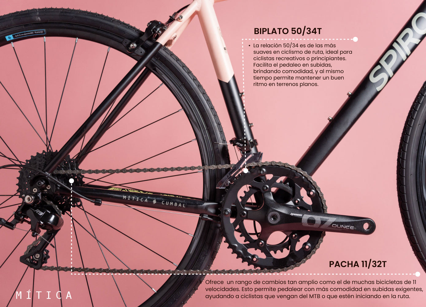 Sistema de cambios de bicicleta de ruta SPIRO Mítica con biplato 50/34 y cassette de 11 velocidades. Diseño pensado para ofrecer una experiencia de pedaleo suave en rutas de carretera, ideal para ciclistas que inician en el ciclismo de ruta.