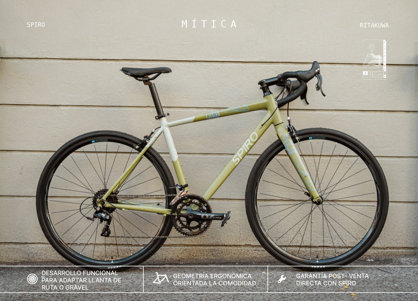 Bicicleta de ruta SPIRO Mítica con cuadro de aluminio y geometría ergonómica, diseñada para ciclistas que buscan comodidad y rendimiento en rutas de carretera. Comparada con bicicletas como la GW Flamma, ideal para ciclistas principiantes.