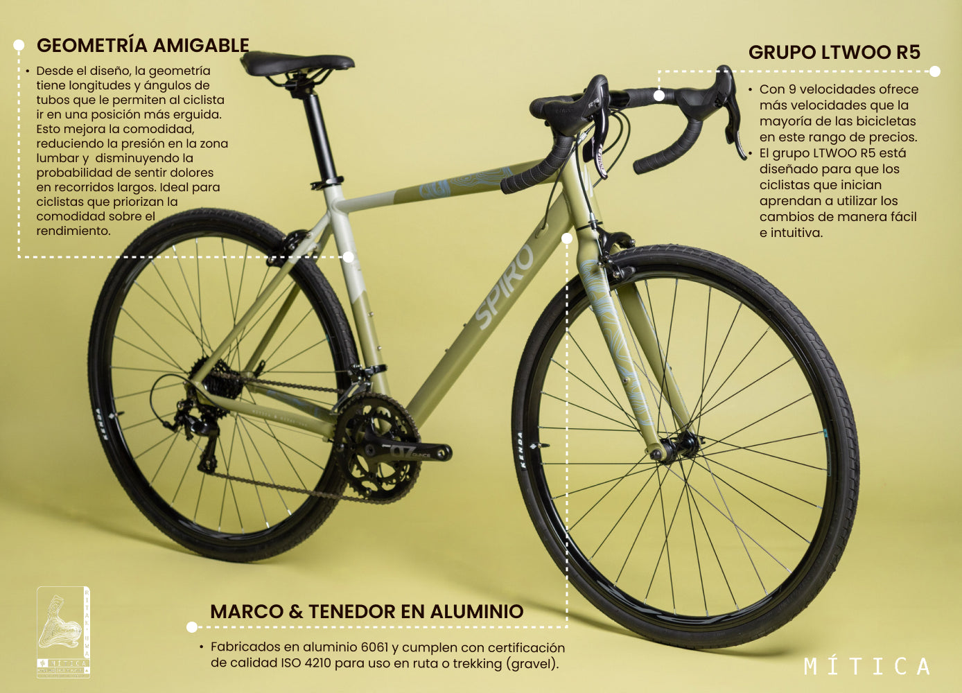 Bicicleta de ruta SPIRO Mítica equipada con grupo LTwoo R5 de 9 velocidades, diseñada para ciclistas principiantes que buscan comodidad y rendimiento en rutas de carretera.