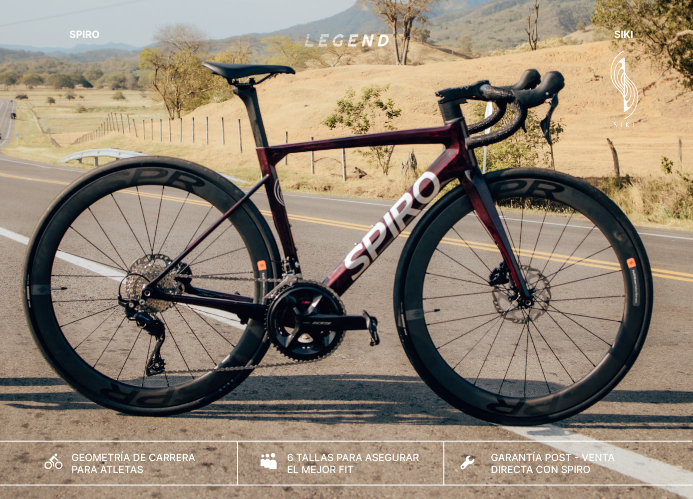 Bicicleta de ruta Spiro Legend con cuadro de carbono y frenos de disco hidráulicos, competidora directa de la Giant TCR y Scott Addict
