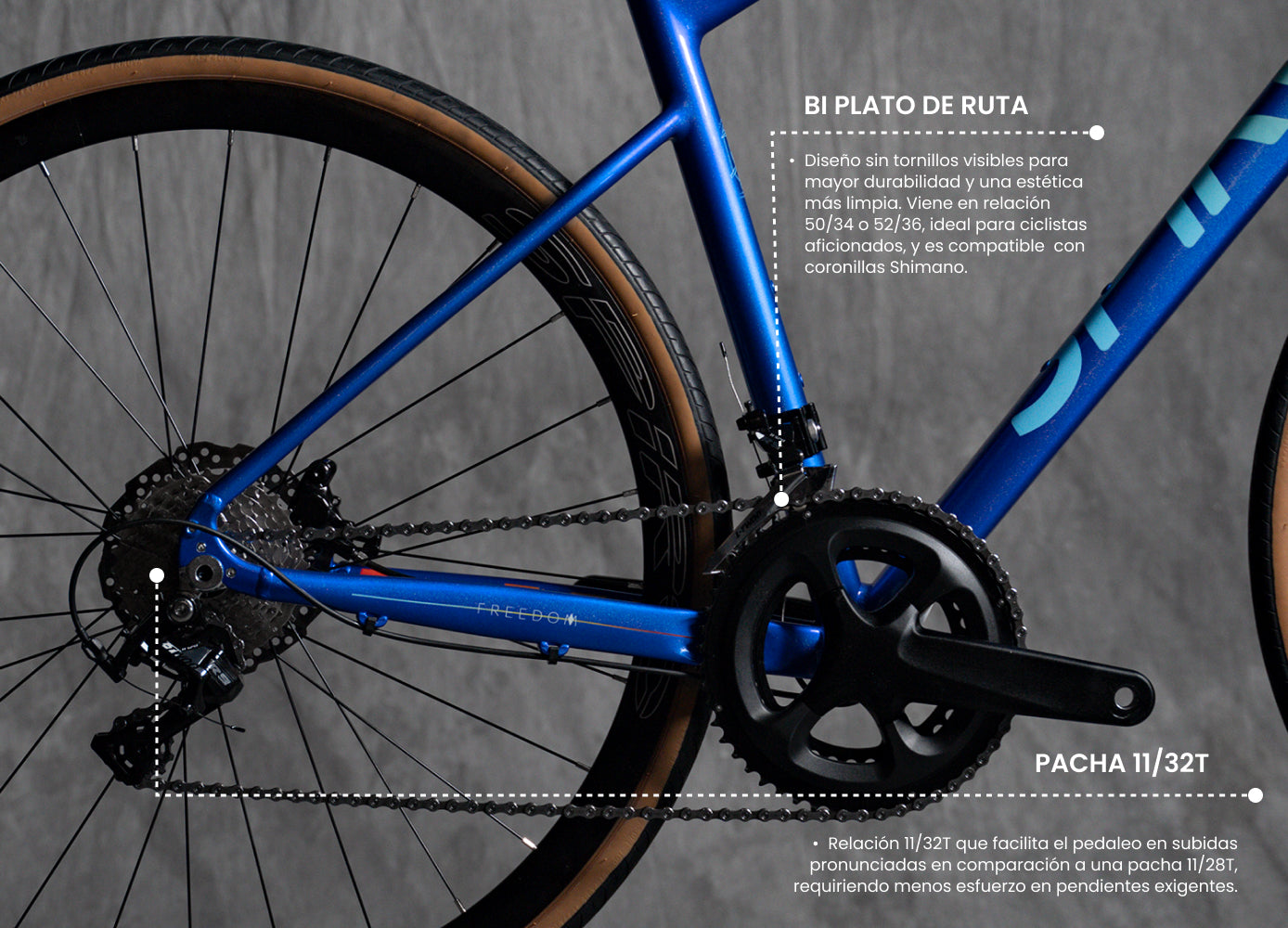 Bicicleta de ruta SPIRO FREEDOM DISC con grupo LWTOO de 9 velocidades, bi plato 50/34 y pacha 11/32T, perfecta para ciclistas aficionados. Comparada frecuentemente con modelos como la GW Flamma y Trek Domane.