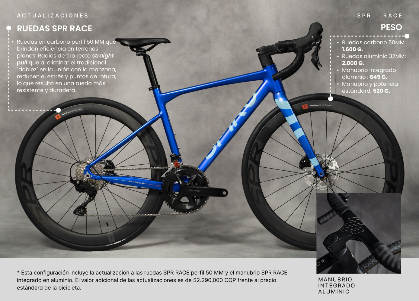 Bicicleta de ruta SPIRO FREEDOM DISC con ruedas SPR RACE de carbono 50mm, ideal para terrenos planos y rutas rápidas. Opción asequible comparada con la Specialized Allez Sprint y Trek Emonda SL5.