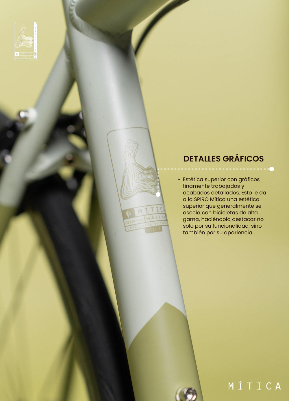 Detalle gráfico en el cuadro de bicicleta de ruta SPIRO Mítica, resaltando la estética única del diseño de alta calidad, ideal para ciclistas que buscan una bicicleta de alto rendimiento y diseño exclusivo.