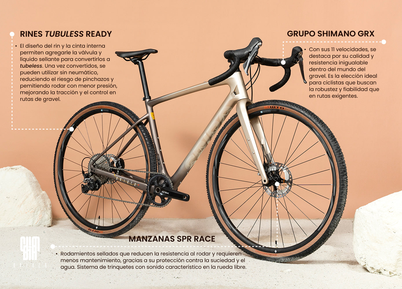 Bicicleta de gravel Spiro Origen Carbono con rines tubeless ready y grupo Shimano GRX, optimizada para rutas de gravel, comparada con la Scott Speedster Gravel.