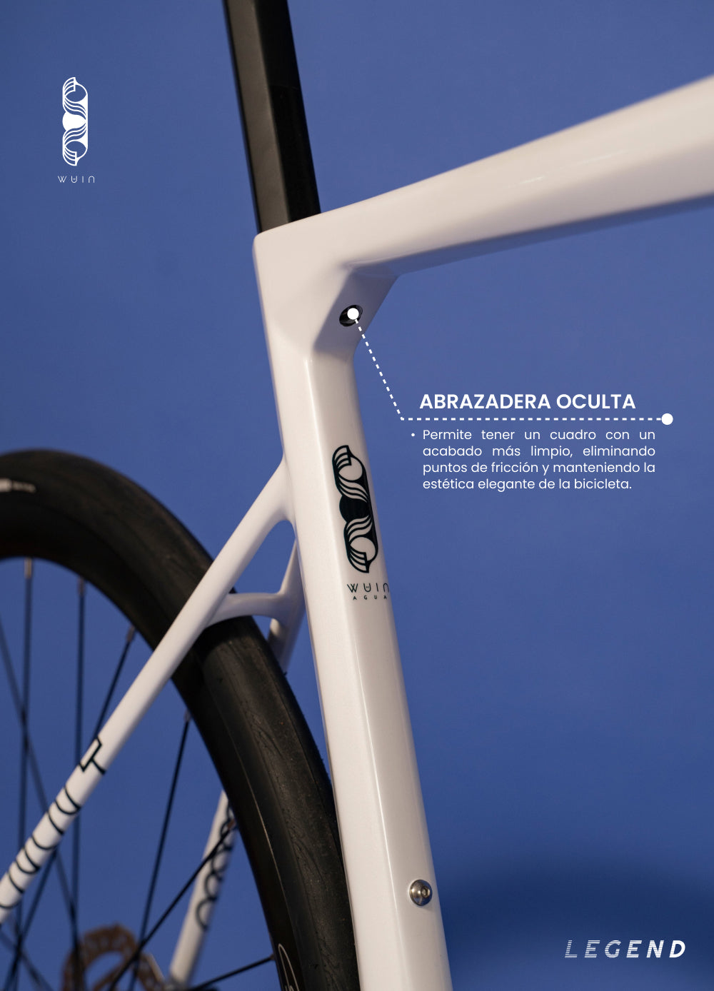 Detalle de la abrazadera oculta en la bicicleta de ruta SPIRO LEGEND con grupo LTWOO R9, comparada con modelos como GW Letras, Trek Émonda y Scott Addict, destacada por su diseño aerodinámico y frenos de disco hidráulico.