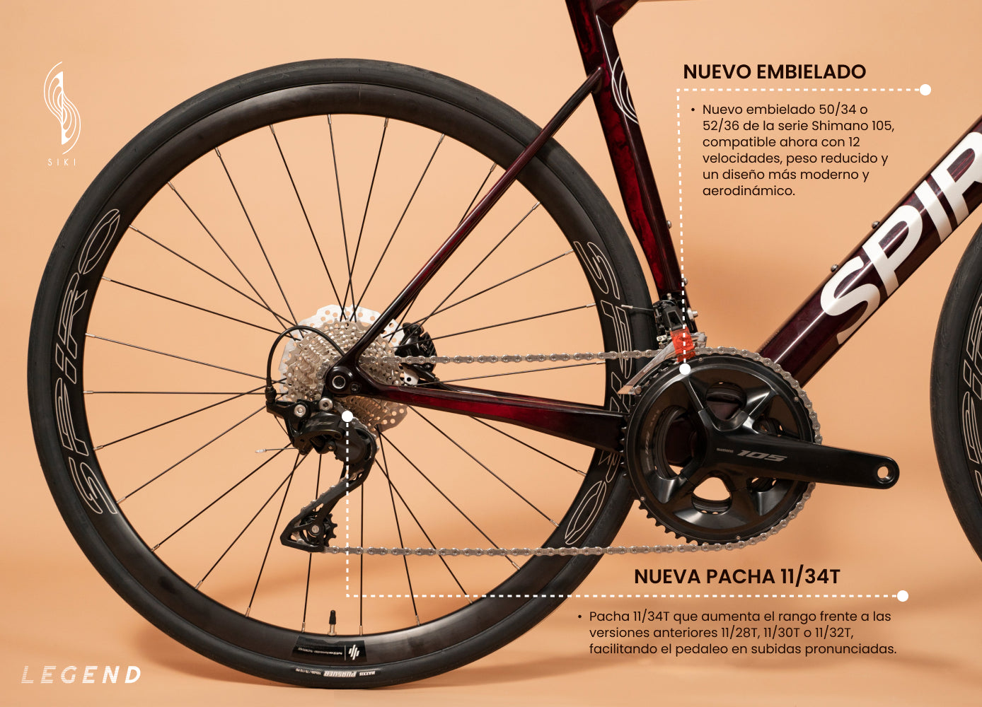 Spiro Legend con pacha 11/34T del grupo Shimano 105, diseñada para ciclistas que buscan un rango mayor en ascensos, comparada con la Trek Émonda.