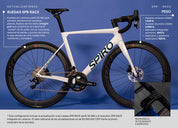 Bicicleta de ruta SPIRO LEGEND con rines SPR Race 50 MM en carbono y manubrio integrado en carbono, grupo LTWOO R9, diseñada para competir contra modelos como la GW Letras y Giant TCR por su rendimiento en rutas planas y montañosas.