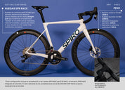 Bicicleta de ruta SPIRO LEGEND con rines SPR Race 50 MM en carbono y manubrio integrado en aluminio, grupo LTWOO R9, diseñada para competir contra modelos como la GW Letras y Giant TCR por su rendimiento en rutas planas y montañosas.