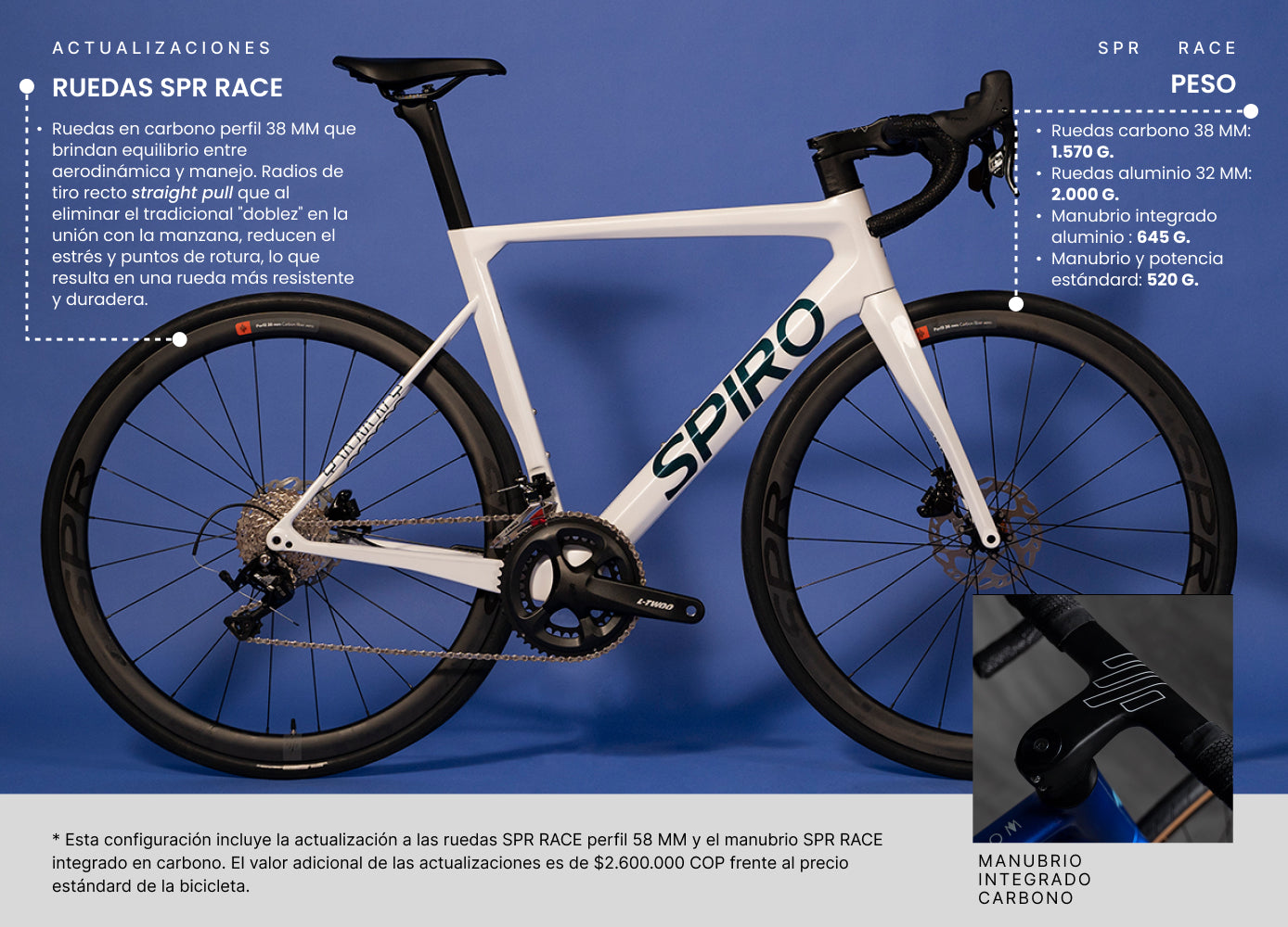 Bicicleta de ruta SPIRO LEGEND con rines SPR Race 38 MM en carbono y manubrio integrado en carbono, grupo LTWOO R9, diseñada para competir contra modelos como la GW Letras y Giant TCR por su rendimiento en rutas planas y montañosas.