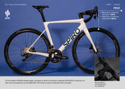 Bicicleta de ruta SPIRO LEGEND con rines SPR Race  y manubrio integrado en aluminio, grupo LTWOO R9, diseñada para competir contra modelos como la GW Letras y Giant TCR por su rendimiento en rutas planas y montañosas.