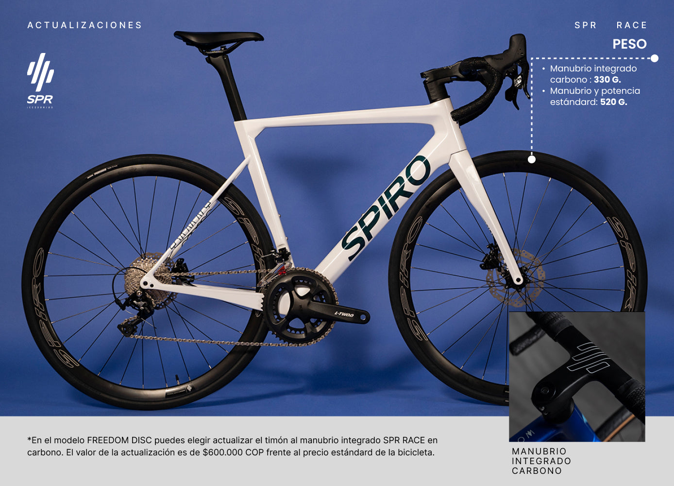 Bicicleta de ruta SPIRO LEGEND con rines SPR Race  y manubrio integrado en carbono, grupo LTWOO R9, diseñada para competir contra modelos como la GW Letras y Giant TCR por su rendimiento en rutas planas y montañosas.