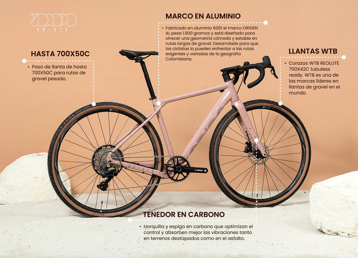Bicicleta gravel Spiro Origen con tenedor de carbono y marco de aluminio, equipada con componentes LTWOO y diseñada para el bikepacking y viajes largos.