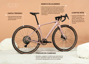 Bicicleta gravel Spiro Origen con tenedor de carbono y marco de aluminio, equipada con componentes LTWOO y diseñada para el bikepacking y viajes largos.
